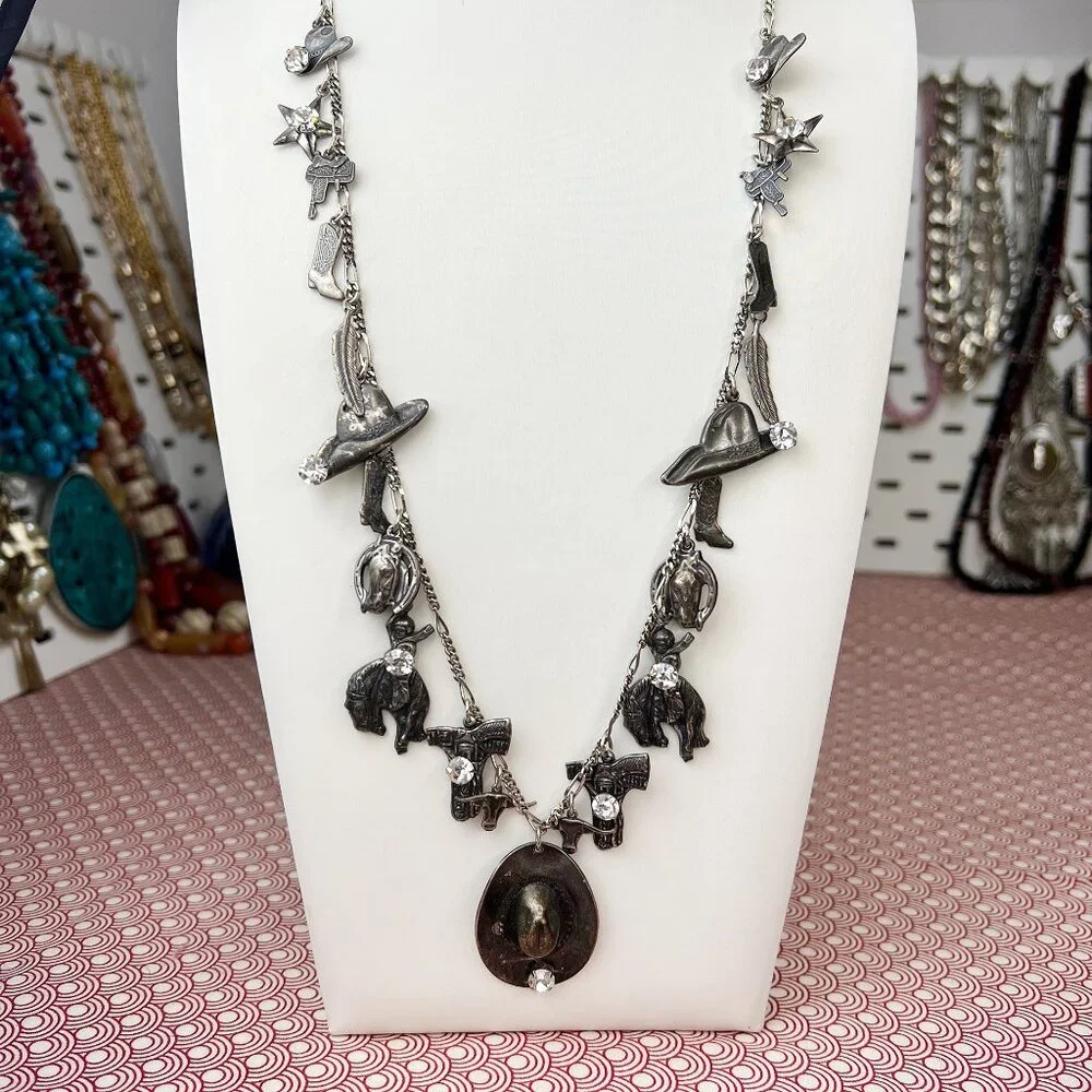 La Contessa Mary DeMarco Western Cowgirl Charm Silver Tone Necklace AND Earrings - Picture 4 of 13